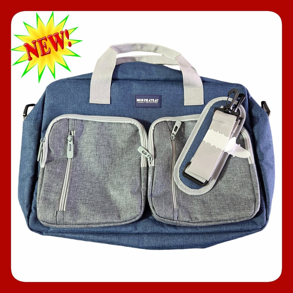Mon Chateau Luxury Collection Blue Grey Laptop Messenger Briefcase Bag Strap New